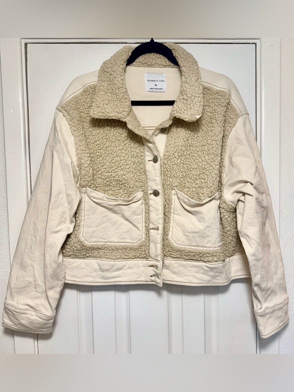 Celebrity Pink Cream Sherpa Jacket with Canvas Trim